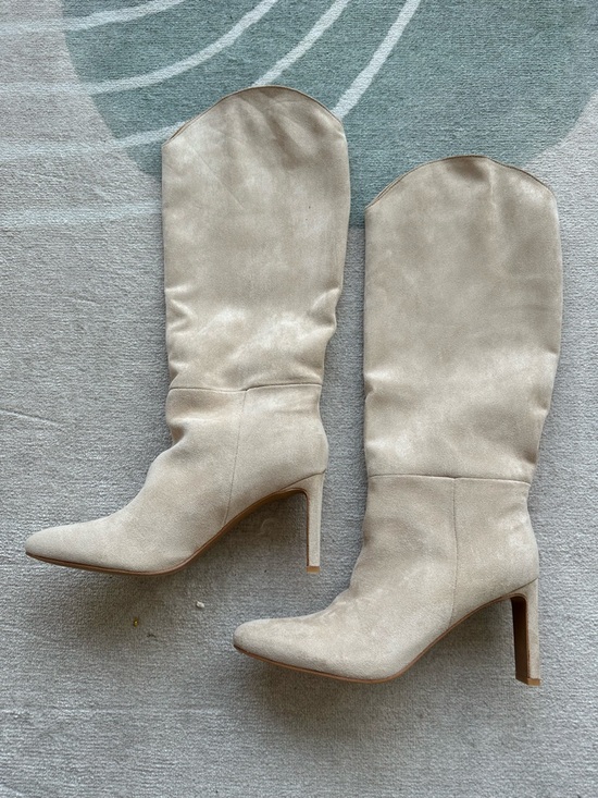 Vici Shoes - Vici Pointed Toe High-Heel Boots in Light Beige Suede
